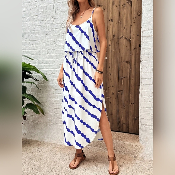 Tie-Dye Black & White Striped Midi Dress With Ruffled Hem And Drawstring Waist F - Picture 3 of 5